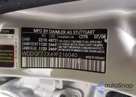 2009 Mercedes-Benz C 63 Amg z USA, uszkodzony, nr VIN WDDGF77X49F216040